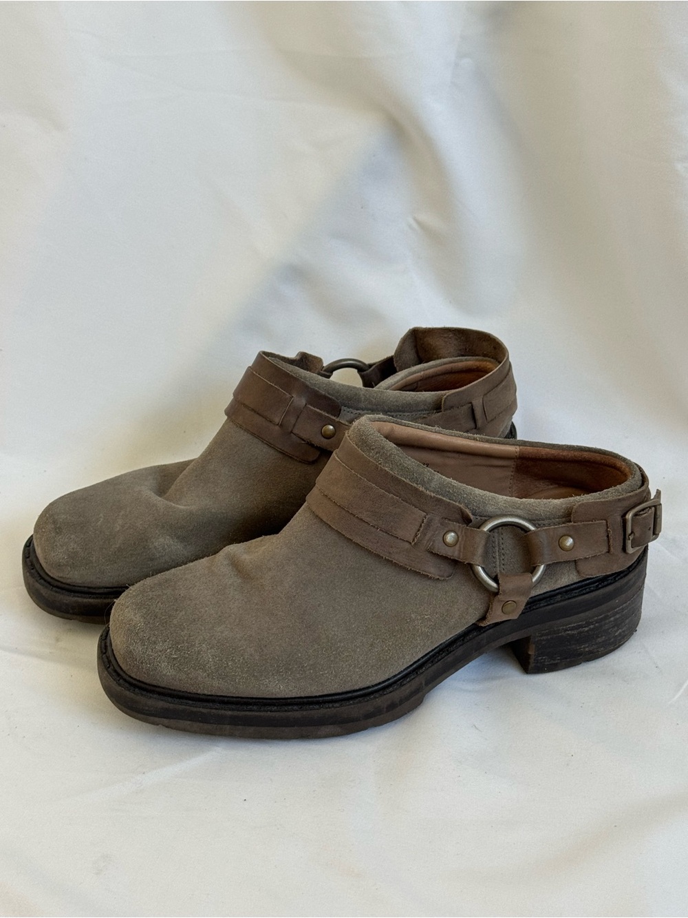 Free People Taupe Suede Mule Clogs with Harness Detail
